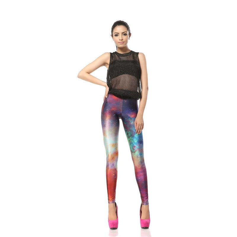 Women 3d Digital High Waist Elastic Slim Colorful Galaxy Printed Leggings Pants