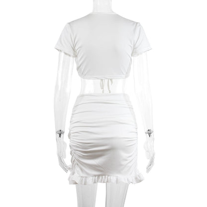 Women Low-cut Lace-up Ruffled Hip Skirt Tops Two-pieces Party Dress Set