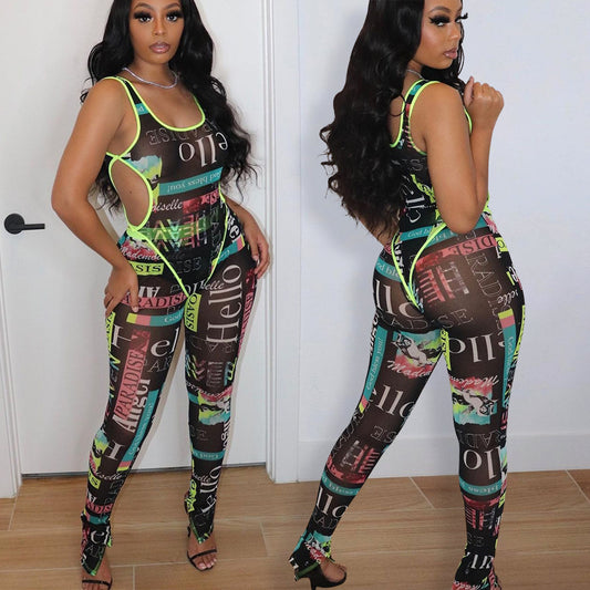 Women's Bodysuit Mesh Print Sheer Two-Piece Party Pant Set