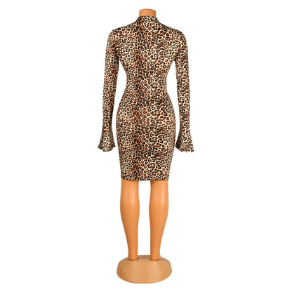 Sexy Leopard Print Long Sleeve Flared Sleeve Night Shirt Mini Party Dress