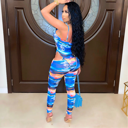 Sexy Women's Fashion Milk Silk Print Cutout Night Club Party Jumpsuit