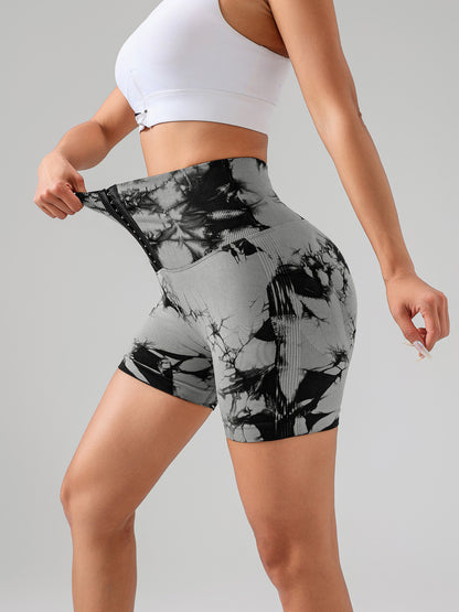 Women Tie Dye Button Sports Shorts High Waist Butt Lift Yoga Fitness Running Fitness Pants