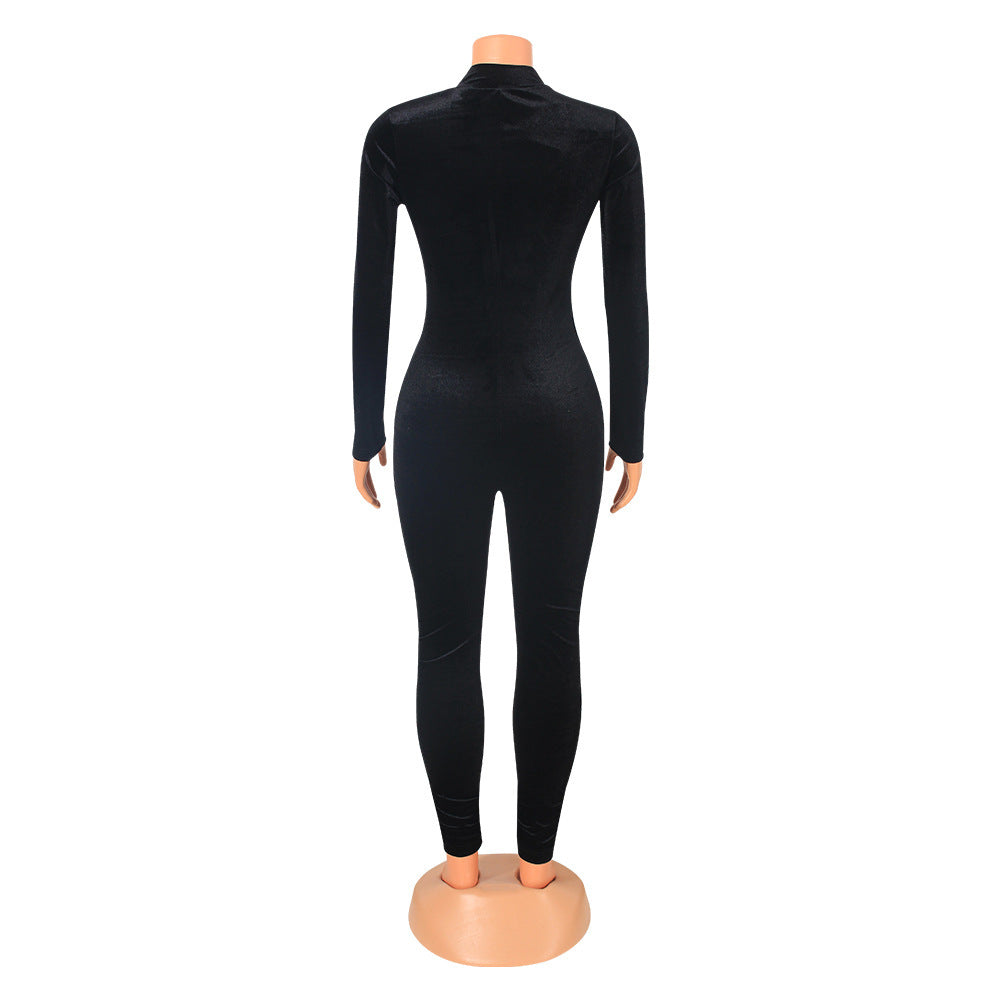 Sexy Skinny Gold Velvet Stitching Long-Sleeved Nightclub Party Jumpsuit