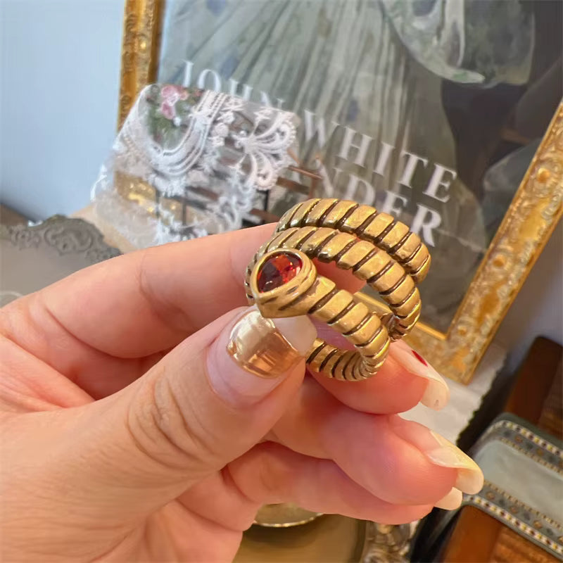 Women Red Oval Round Natural Stone Vintage Open Engagement Rings