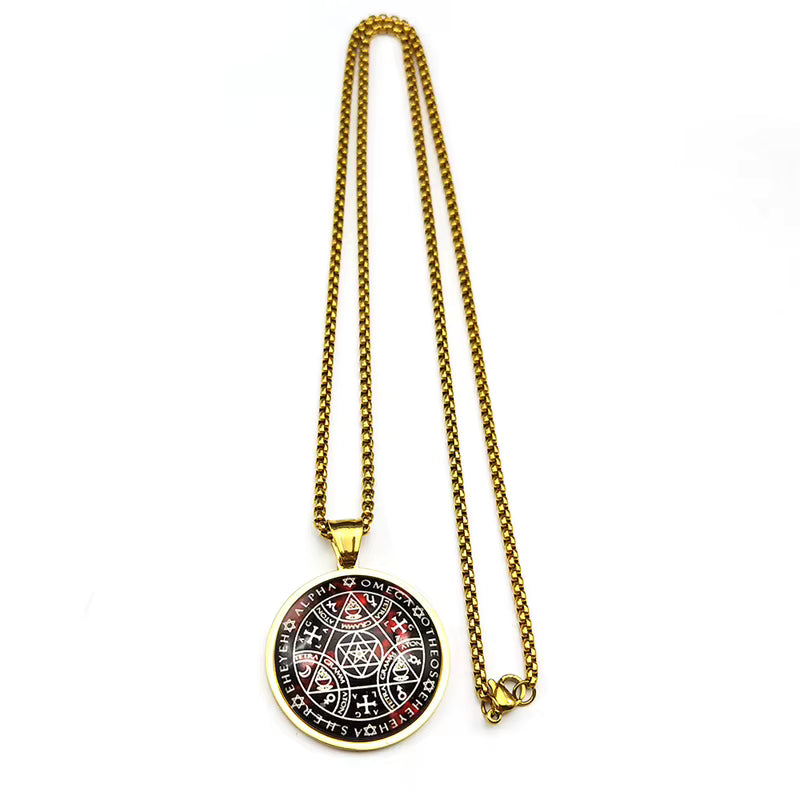 Women Men Stainless Steel Gold Color Archangel Kabbalah Talisman Key of Solomon Sigil Glass Round Medal Necklace