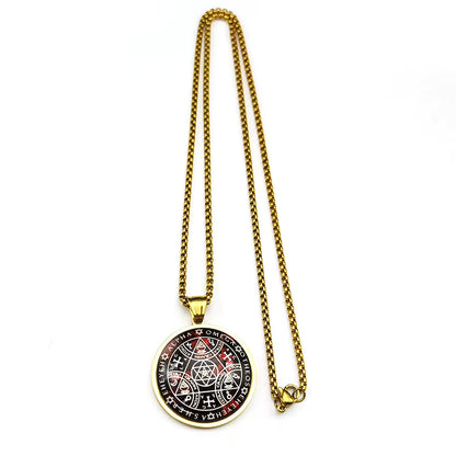 Women Men Stainless Steel Gold Color Archangel Kabbalah Talisman Key of Solomon Sigil Glass Round Medal Necklace