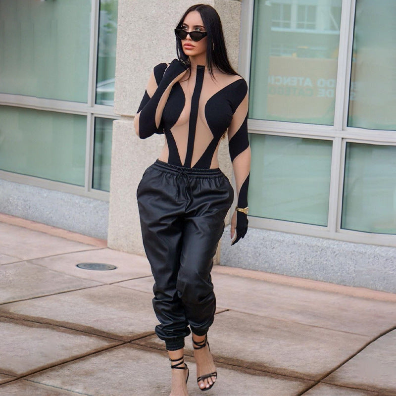 Sexy Fashion Mesh Stitching Long-sleeved Finger Sleeve Bodysuit