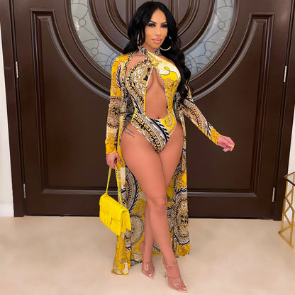 Women's Fashion Print Long Sleeve Cape Swimsuit Two Piece Bikini Dress Suits