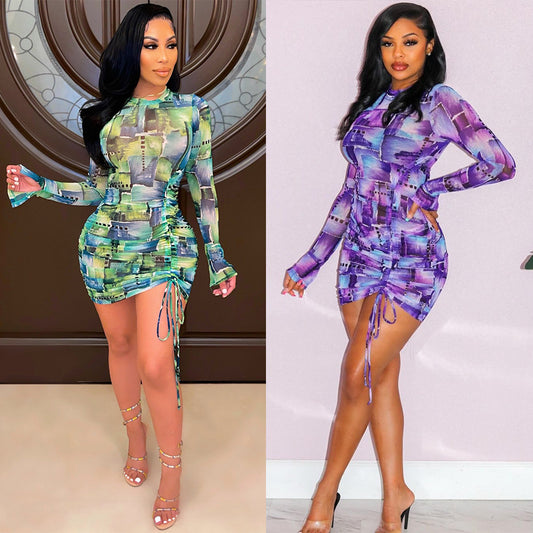 Sexy Women See-Through Print Pleated Long-Sleeved Night Clubbing Party Dress