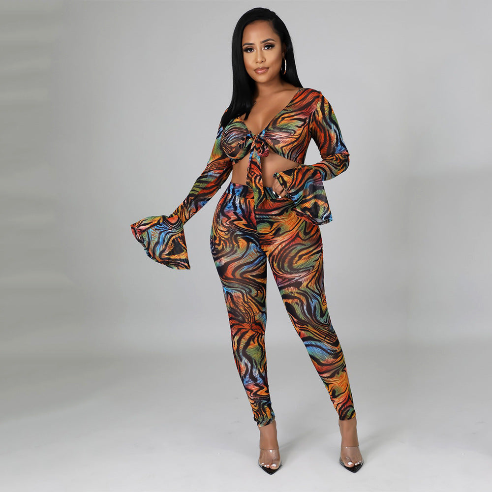 Two Pieces Sexy Fashion Net Gauze Print Slim Sleeve Night Party Tops Pant Trouser