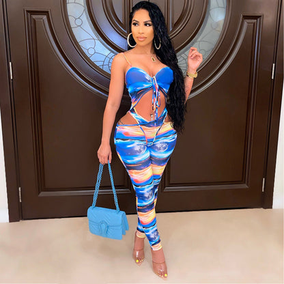 Sexy Women's Fashion Milk Silk Print Cutout Night Club Party Jumpsuit