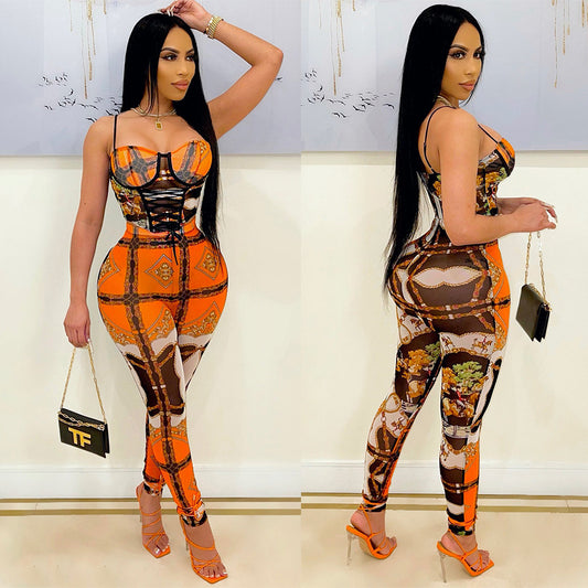 Sexy Mesh See-Through Suspenders Wrapped Chest Night Party Jumpsuit