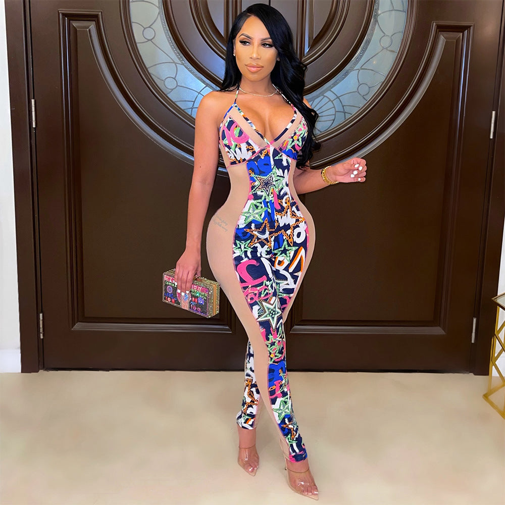 Fashion Sexy Mesh Tight-Fitting Suspender Clubbing Party Jumpsuit