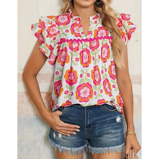 Women's V-Neck Floral Print Ruffle Sleeve Summer Short Sleeve Work Tops Blouse