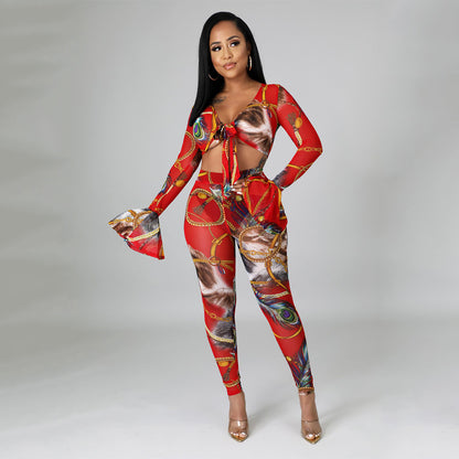 Two Pieces Sexy Fashion Net Gauze Print Slim Sleeve Night Party Tops Pant Trouser