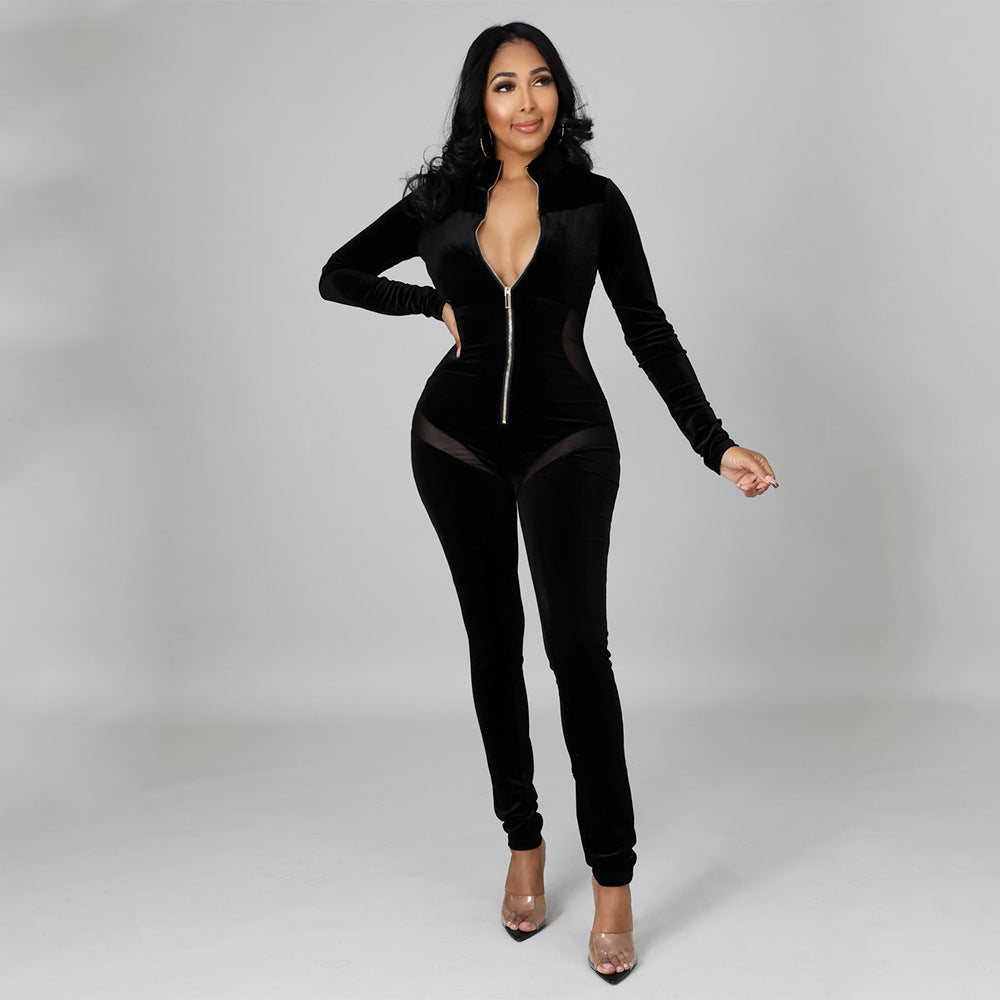 Sexy Skinny Gold Velvet Stitching Long-Sleeved Nightclub Party Jumpsuit