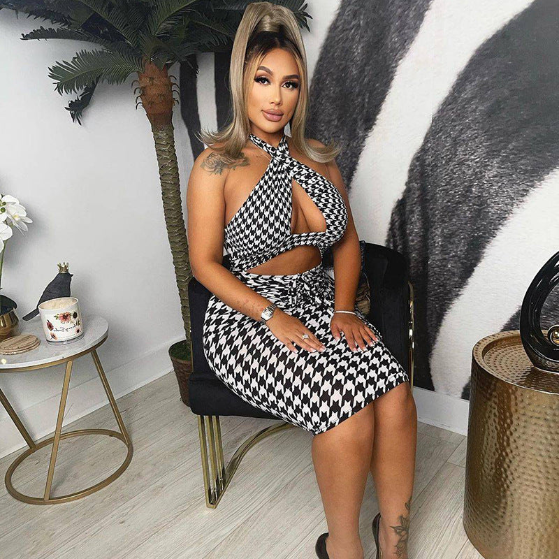 Sexy Backless Lace-Up Halter Cutout Smocked Pack Hip Party Dress