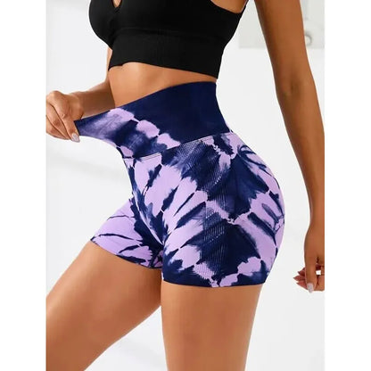 Women Tie-dye Side Bow Hollow High Waist Hip Butt Lifting Sports Yoga Gym Scrunch Cycling Biker Shorts Pants