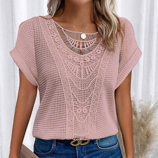 Women's Lace Splicing Short Sleeve Crew Neck T-Shirt Loose Fit Tees Tops