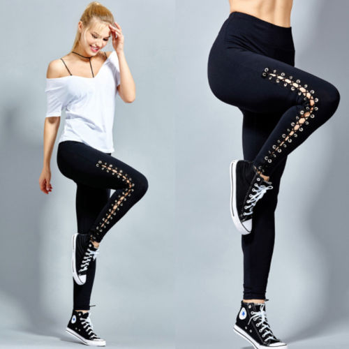 Women High Waist Fitness Lace Up Black White Solid Leggings Pant Trousers