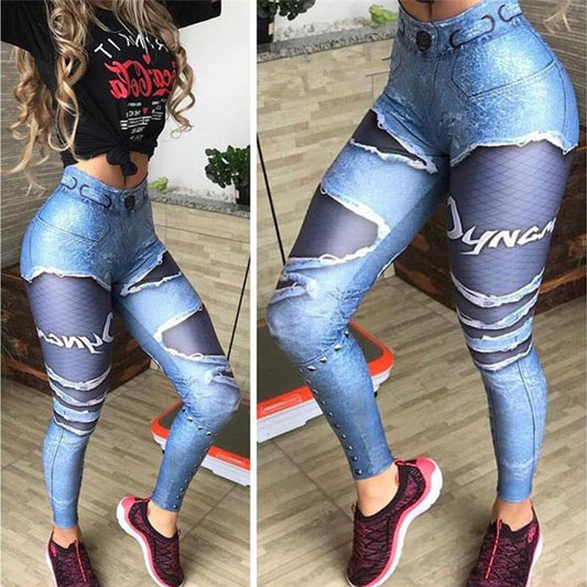 Women 3D Printed False Denim Blue Mesh Elastic Workout Legging Pants