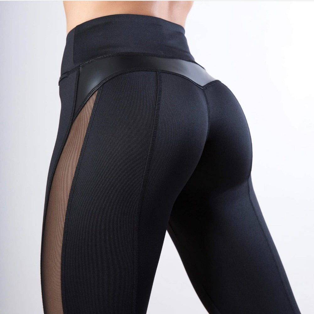 Sexy Mesh Leather Patchwork Black Women High Waist Fitness Push Up Legging Pants