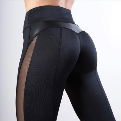 Sexy Mesh Leather Patchwork Black Women High Waist Fitness Push Up Legging Pants