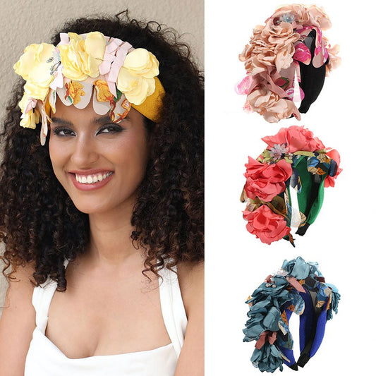 Women Fashionable handmade fabric crystal flower wide edge toothed anti slip headband