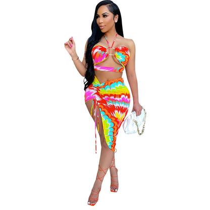 Two-piece Sexy Nightclub Irregular Short Skirt with Wrapped Chest + Halter Tops