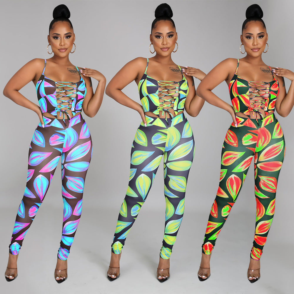 Women Digital Printed Sexy Two-Piece Strap Tops + Pant Trouser Set