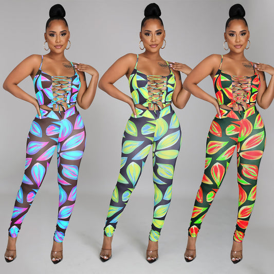 Women Digital Printed Sexy Two-Piece Strap Tops + Pant Trouser Set