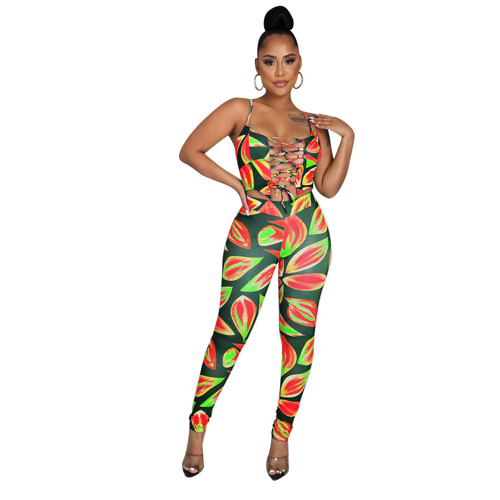 Women Digital Printed Sexy Two-Piece Strap Tops + Pant Trouser Set