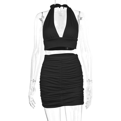 Two-pieces Women Halter Necktie Umbilical Fold V-neck Sling Bag Hip Skirt Set