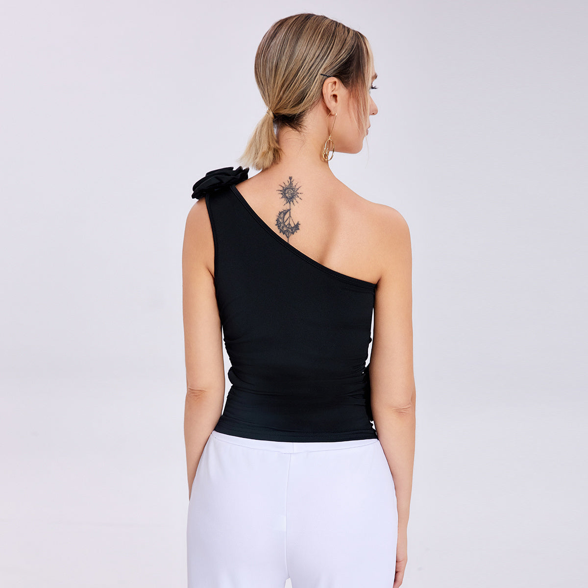 Women Three-dimensional Rose Flower One-shoulder Pleated Vest Tops