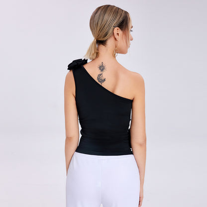 Women Three-dimensional Rose Flower One-shoulder Pleated Vest Tops