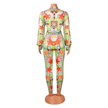Sexy Digital Printing Fashion Club Party Tops Trouser Pant Suit