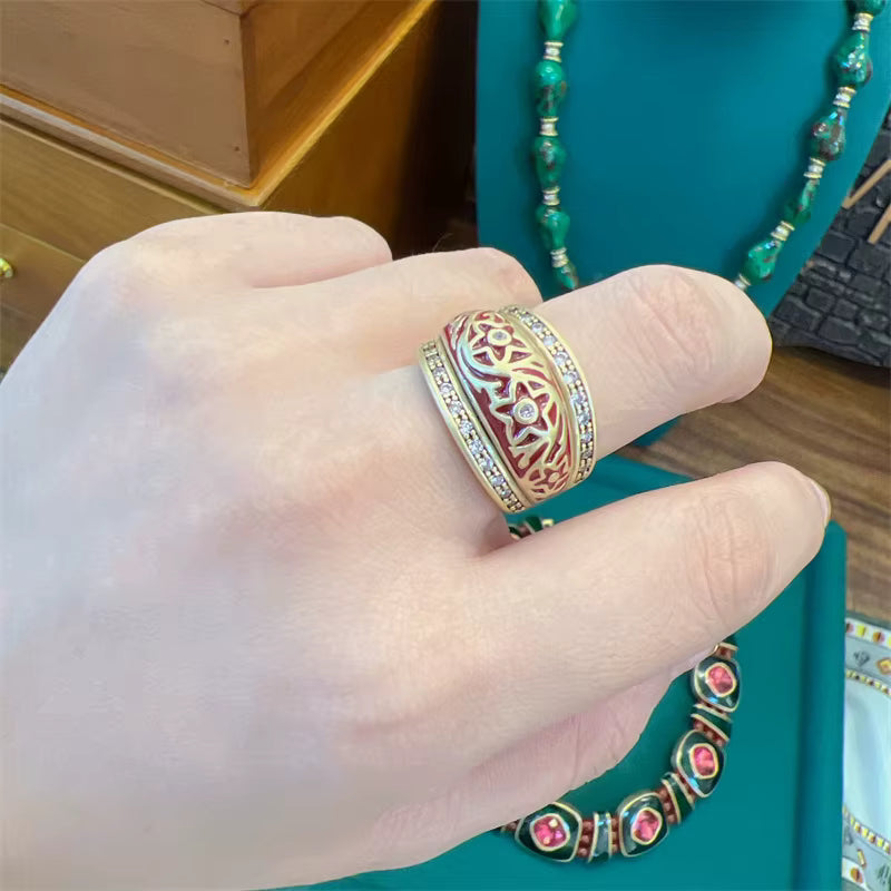 Women Red Oval Round Natural Stone Vintage Open Engagement Rings