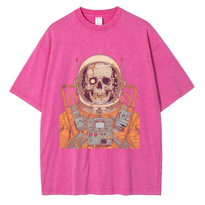 Men 70s Astronaut Skull Scientific Graphic Painting Printed Loose Distressed Cotton Tee Shirts