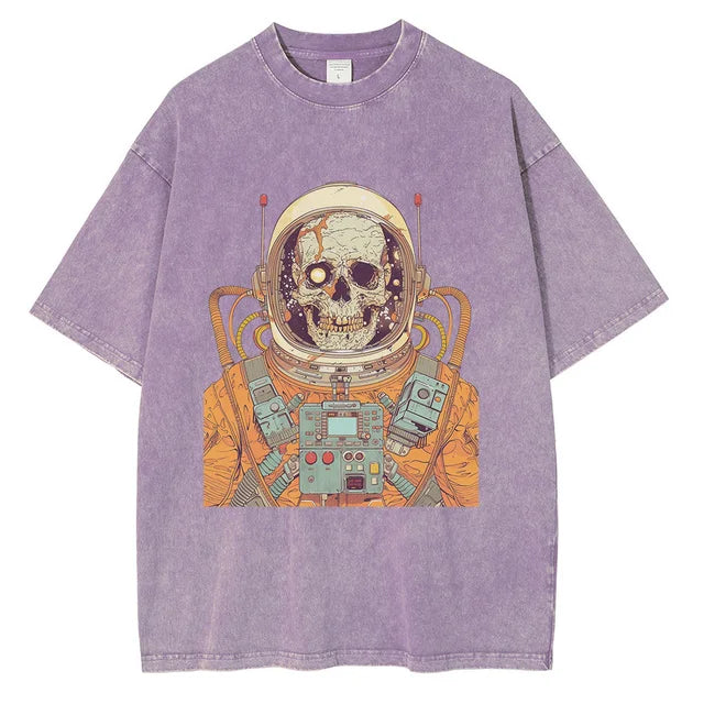 Men 70s Astronaut Skull Scientific Graphic Painting Printed Loose Distressed Cotton Tee Shirts