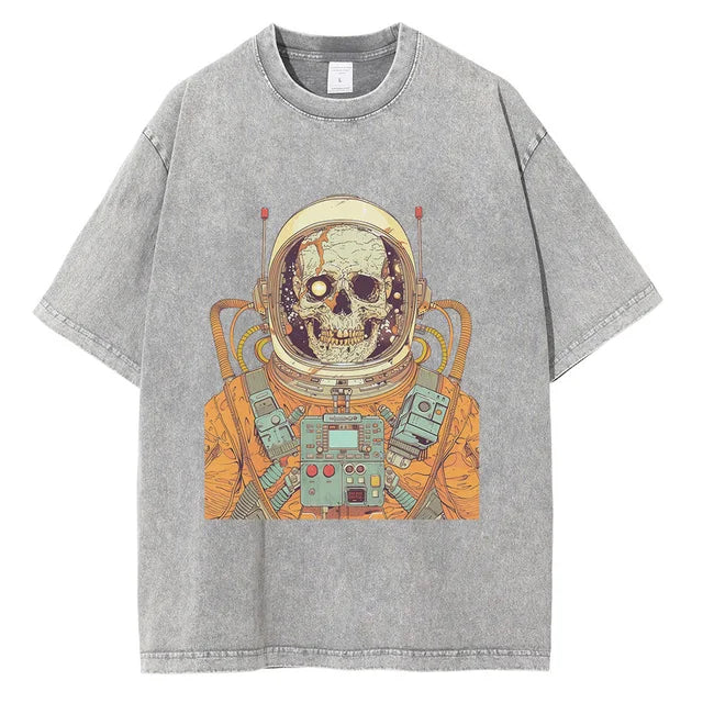 Men 70s Astronaut Skull Scientific Graphic Painting Printed Loose Distressed Cotton Tee Shirts