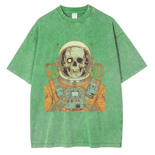 Men 70s Astronaut Skull Scientific Graphic Painting Printed Loose Distressed Cotton Tee Shirts