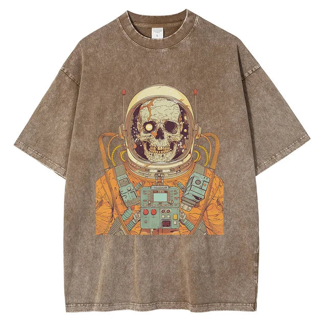 Men 70s Astronaut Skull Scientific Graphic Painting Printed Loose Distressed Cotton Tee Shirts