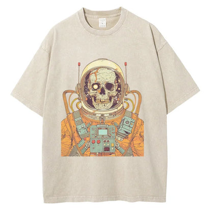 Men 70s Astronaut Skull Scientific Graphic Painting Printed Loose Distressed Cotton Tee Shirts