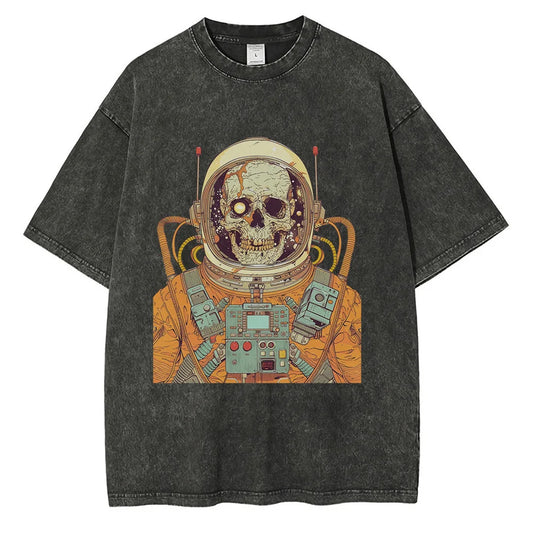 Men 70s Astronaut Skull Scientific Graphic Painting Printed Loose Distressed Cotton Tee Shirts