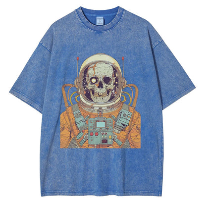 Men 70s Astronaut Skull Scientific Graphic Painting Printed Loose Distressed Cotton Tee Shirts