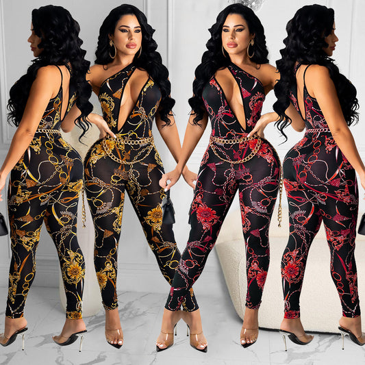 Sexy Women See-Through Nightclub Trousers Printing Party Jumpsuit