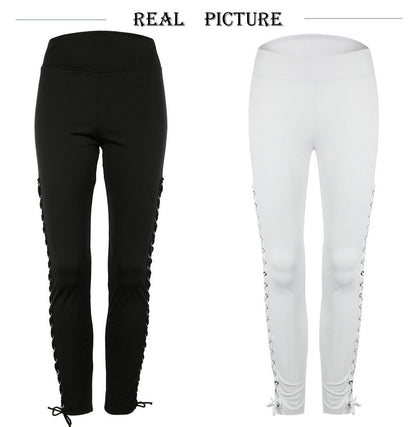 Women High Waist Fitness Lace Up Black White Solid Leggings Pant Trousers