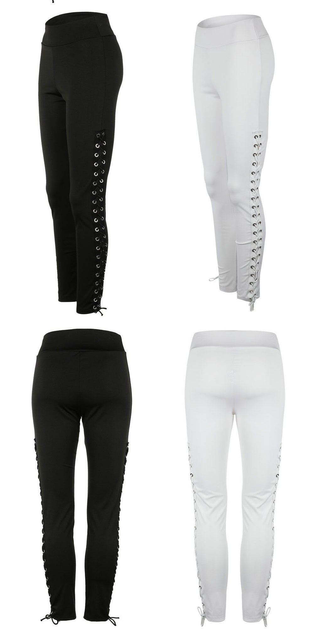 Women High Waist Fitness Lace Up Black White Solid Leggings Pant Trousers