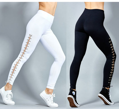 Women High Waist Fitness Lace Up Black White Solid Leggings Pant Trousers