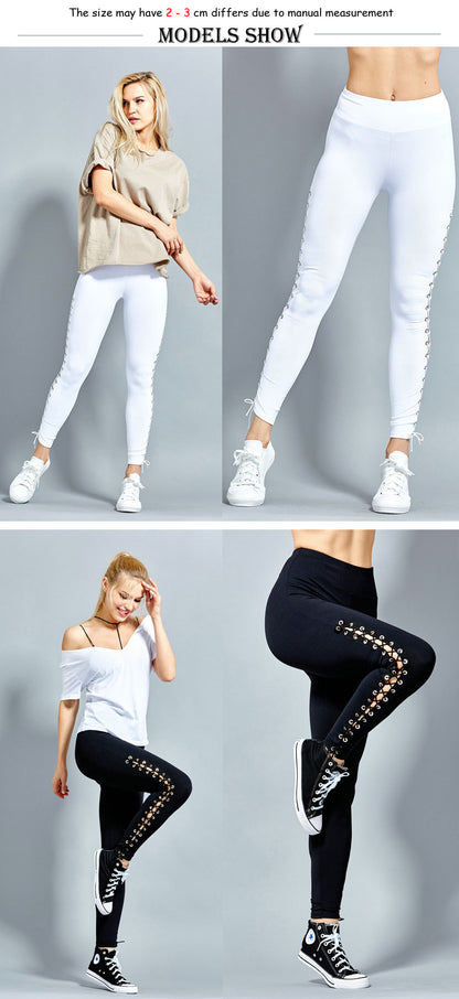 Women High Waist Fitness Lace Up Black White Solid Leggings Pant Trousers